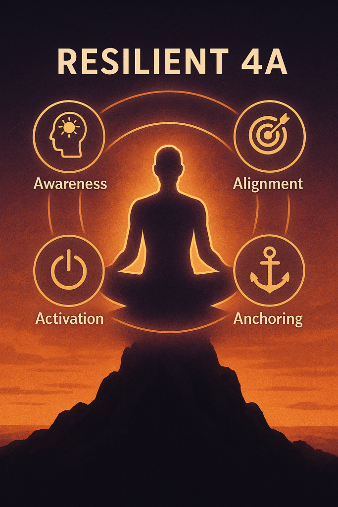“Resilient 4A™ metodunun dört aşamasını – Awareness, Alignment, Activation ve Anchoring – dijital dayanıklılık ve iş hayatında mutluluk perspektifiyle gösteren infografik.”